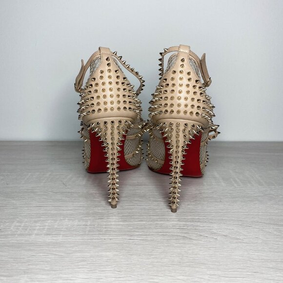 Louboutin Alarc Nude Leather Spiked Heels - Picture 6 of 9
